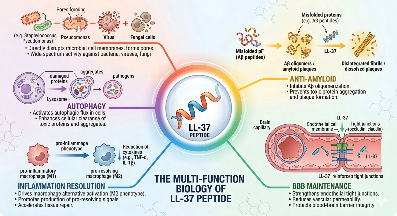 Diagram of the multi-function biology of the LL-37 peptide, showing its five roles: pore-forming antimicrobial action, anti-amyloid inhibition of Aβ aggregation, blood–brain barrier maintenance via tight junction proteins, inflammation resolution through macrophage phenotype shifting, and autophagy.